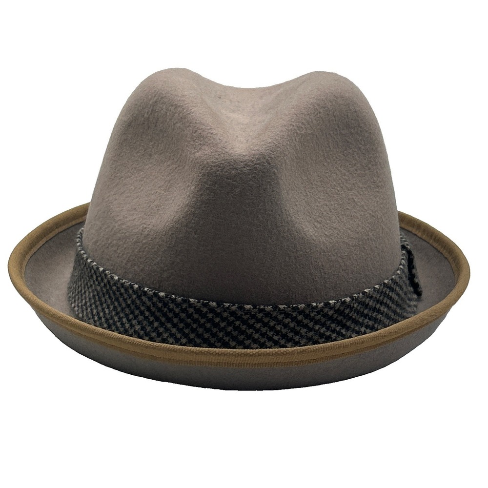 Vintage Michael Stars 100% Wool Fedora Hat Gray Brown Houndstooth Band One Size